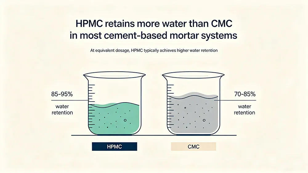 Khả năng giữ nước của CMC so với HPMC: Loại ete xenluloza nào giữ được nhiều nước hơn trong vữa? 1 HPMC giữ được lượng nước nhiều hơn CMC trong hầu hết các hệ thống vữa gốc xi măng