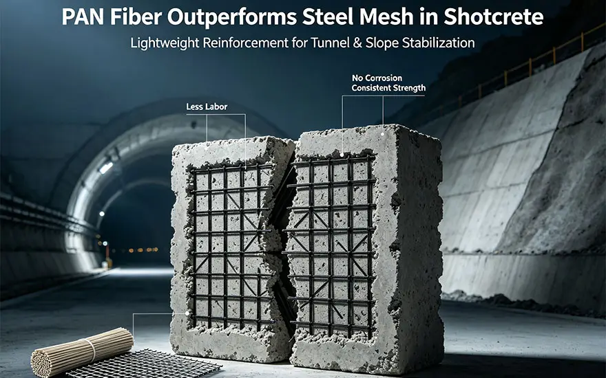 Why PAN Fiber Outperforms Steel Mesh in Shotcrete: Lightweight Reinforcement for Tunnel & Slope Stabilization 1 PAN-Fiber-Outperforms-Steel-Mesh-in-Shotcrete